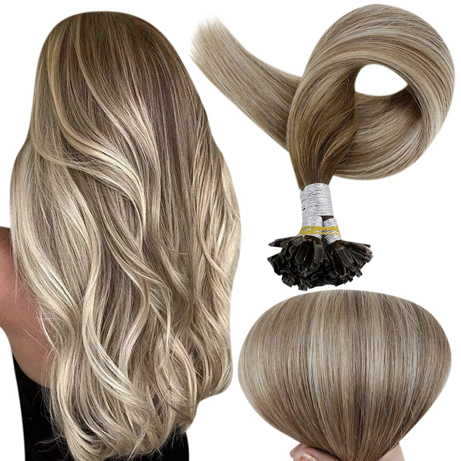 Fusion Nail U Tip Human Hair Extensions 100% Remy Hair Balayage (#3/8…